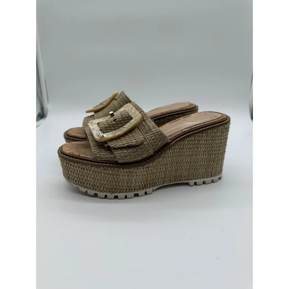 Sam Edelman Women Raffia Platform Wedge Sandals Tan Buckle Lug Sole Size 6.5